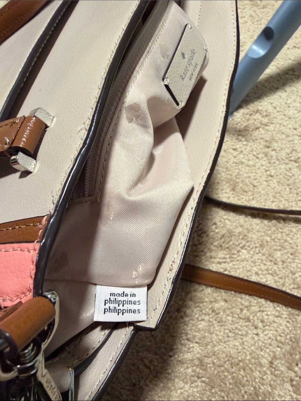 Kate Spade Cream, Peach & Brown Leather Satchel with crossbody strap - Picture 10 of 16